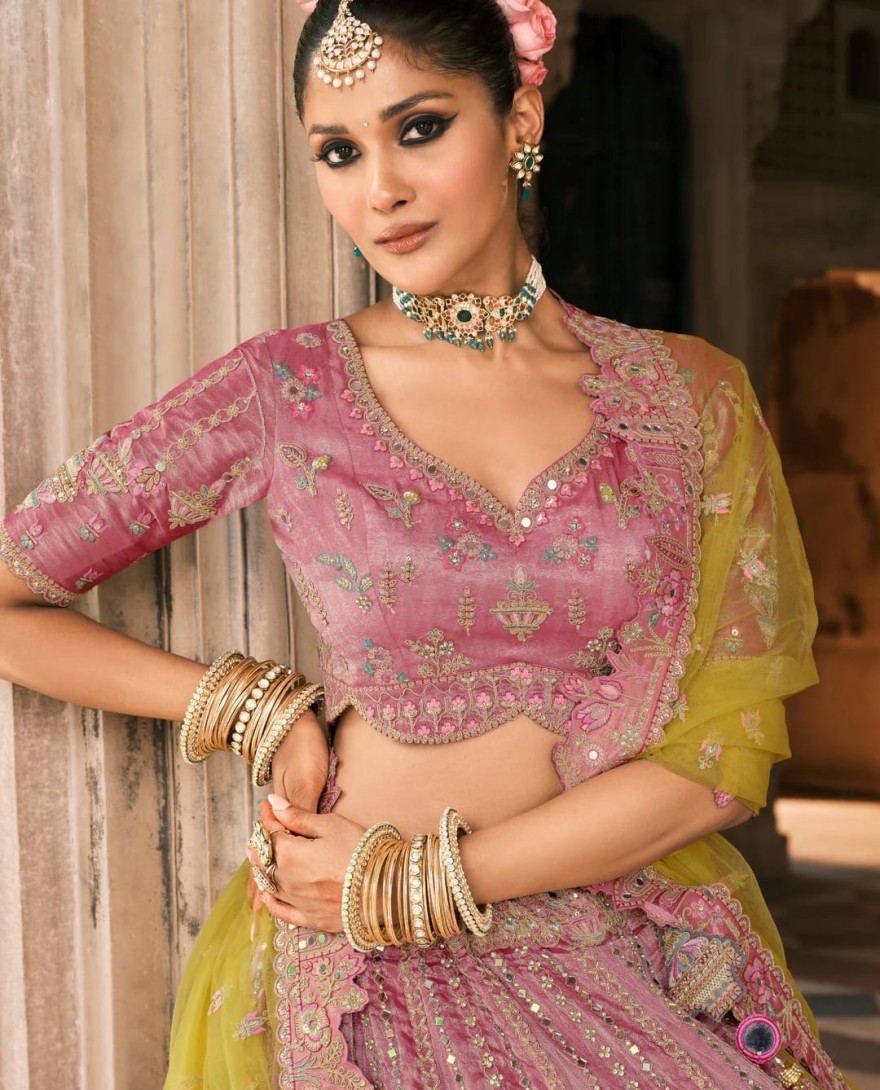 YELLOW - Sunshine Yellow & Pink Fancy Silk Lehenga Choli With Cut Work Embroidery Border & Stone Work